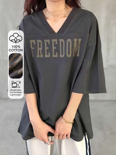 FRIFUL 女士休闲宽松字母印花落肩T恤超大码T恤