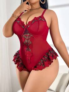 1件加大码网纱性感连体睡衣 - 酒紅色 - 查看 4