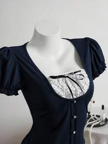 Elamini Black Vintage-Style Regular Shoulder Short Sleeve T-Shirt, Spring/Summer