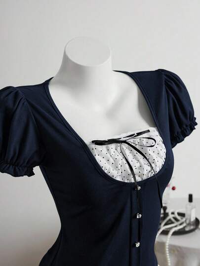 Elamini Camiseta de manga corta con hombros regulares, estilo vintage negro, para primavera/verano