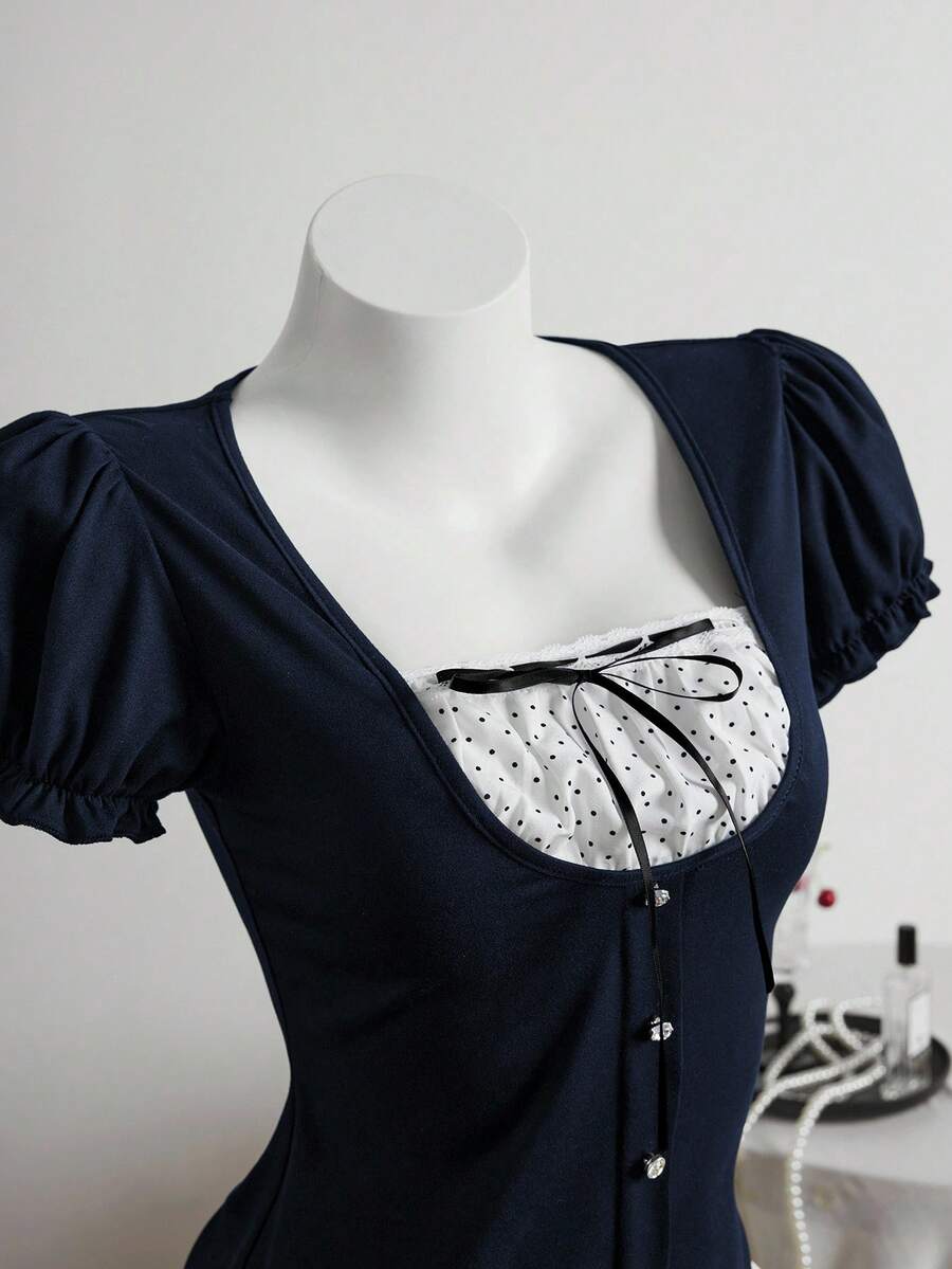 Elamini Black Vintage-Style Regular Shoulder Short Sleeve T-Shirt, Spring/Summer