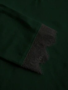 SHEIN EZwear 休闲深V领蕾丝边修身长袖T恤，适合秋冬季穿着 - 墨綠色 - 查看 8