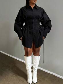 Veslaya 秋冬新款女装，音乐节万圣节服装，生日礼服，日常休闲，度假，邮轮旅行，海滩，日光浴，热门单品，白色长袖泡泡袖纯色通勤街头风鱼骨抽绳腰A字设计大码婚礼宾客礼服束身衬衫黑色灯笼袖衬衫 - 黑色 - 查看 4