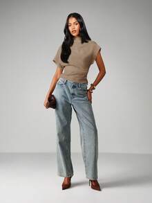 MISSGUIDED Áo kiểu cổ cao tay ngắn ôm sát, có đai lưng, thích hợp mặc hàng ngày. - Màu Khaki - Xem 3