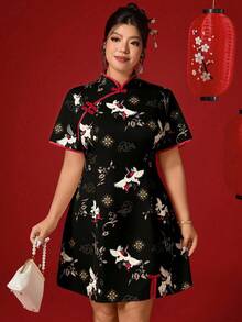 Elenzga 大码女式中国风印花连衣裙，端庄优雅，稳重得体，适合新年、节日、派对、情人节等场合。 - 黑色 - 查看 3