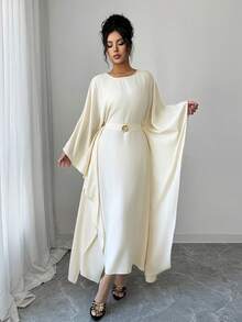 SHEIN Clasi Women's Elegant French Style Crew Neck Tie-Waist 3/4 Sleeve Dress, Suitable For Commute, Beach, Afternoon Tea - Apricot - View 3