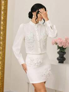 Modelyn 时尚新款缀满珍珠和水钻的白色女式衬衫 - 白色 - 查看 1