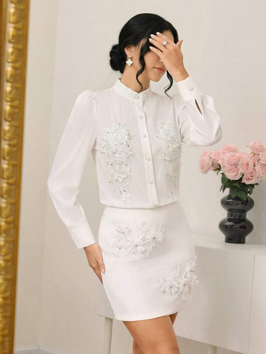 Modelyn 时尚新款缀满珍珠和水钻的白色女式衬衫 - 白色 - 查看 1