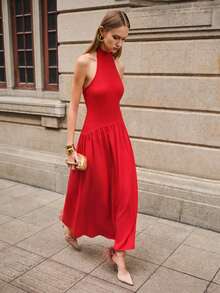 Lumivelle 女士春夏新款针织连衣裙，立领，系带露背，收腰设计，露背镂空，A字梭织裙摆，优雅浪漫风格 - 紅色 - 查看 1