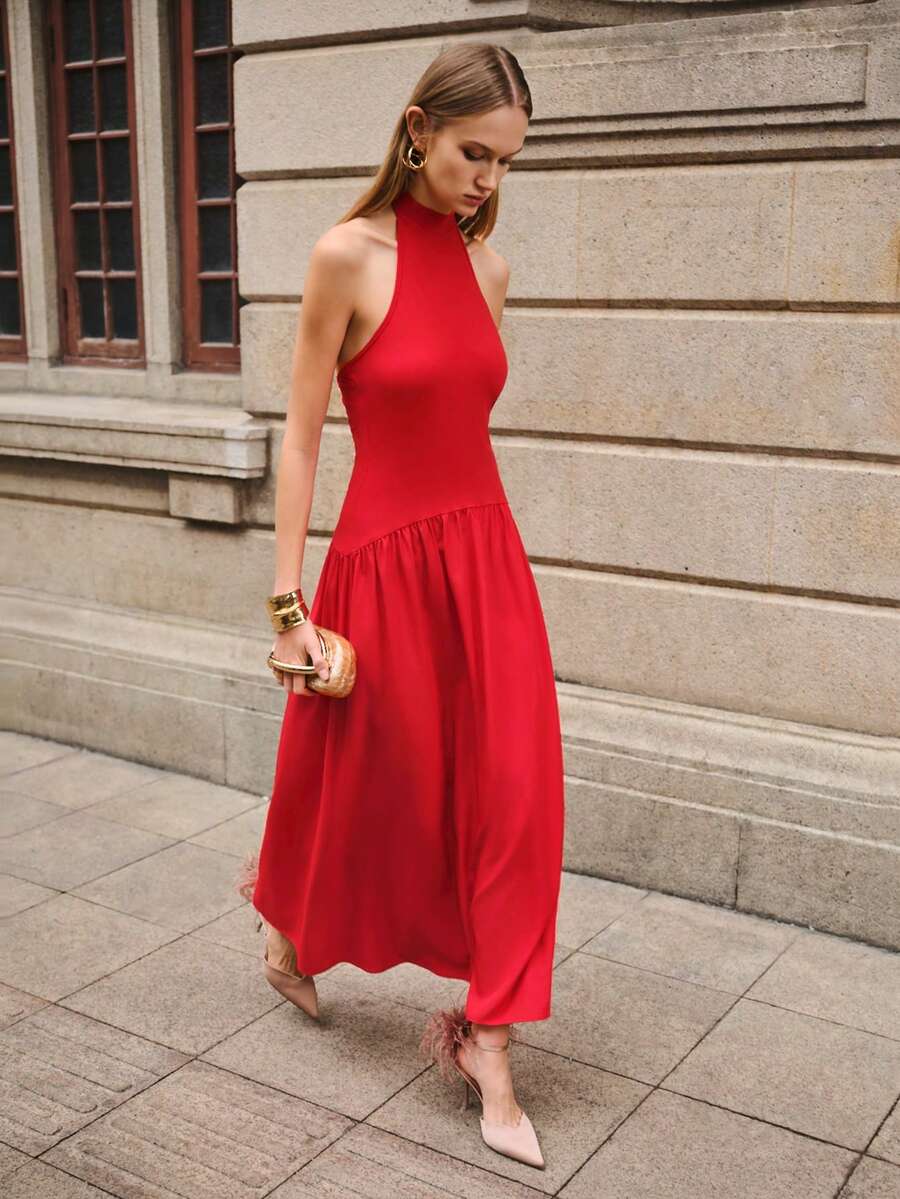 Lumivelle 女士春夏新款针织连衣裙，立领，系带露背，收腰设计，露背镂空，A字梭织裙摆，优雅浪漫风格 - 紅色 - 查看 1