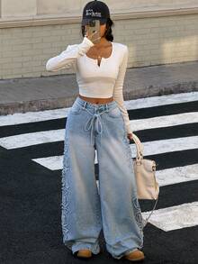 Muchica Washed Blue Women's Letter Applique Pocket Wide Leg Loose Casual Jeans - Blue - View 5