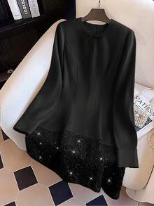 GlowEve 女士圆领蝴蝶结装饰珍珠纽扣亮片下摆长袖连衣裙 - 黑色 - 查看 5