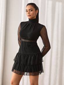 SHEIN Cottnline Swiss Dot Contrast Lace Ruffle Hem Dress - Black - View 1