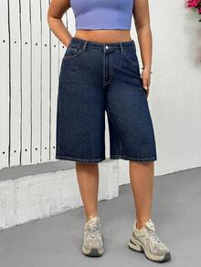 EURMUSE 女士低腰长款直筒短裤，深蓝色水洗，大码 - 深色水洗藍 - 查看 5
