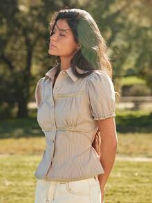 WESTFADE Striped Woven & Lace Collared Button Front Short Puff Sleeve Tie Back Fitted Top - Brown - View 5