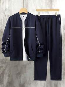 Manfinity Homme 男士落肩长袖拉链休闲夹克套装，男士运动服套装，男士运动套装，男士海军蓝套装，男士慢跑套装，适合复古风格、日常休闲、周末旅行、户外活动、探险旅行、轻松的工作环境或半正式场合，可作为男友/丈夫礼物、周年纪念/生日礼物，也适合派对、夏季、新年、婚礼、情人节等场合。 - 藏蓝色 - 查看 5