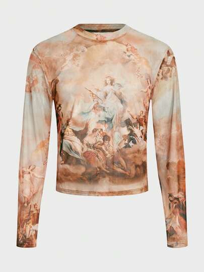 FeverCity Camiseta de manga larga transparente con estampado personalizado de moda casual para hombres, adecuada para primavera, verano y otoño