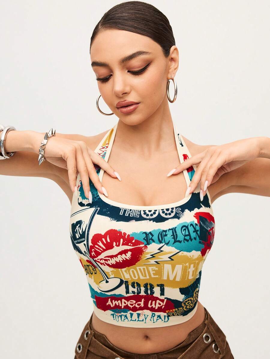 MTV | SHEIN 女士字母和嘴唇印花露背吊带背心 - 彩色 - 查看 1