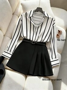 SHEIN Clasi Plus Size Casual Commuter Striped Shirt & Pleated Skirt Set - Black and White - View 1