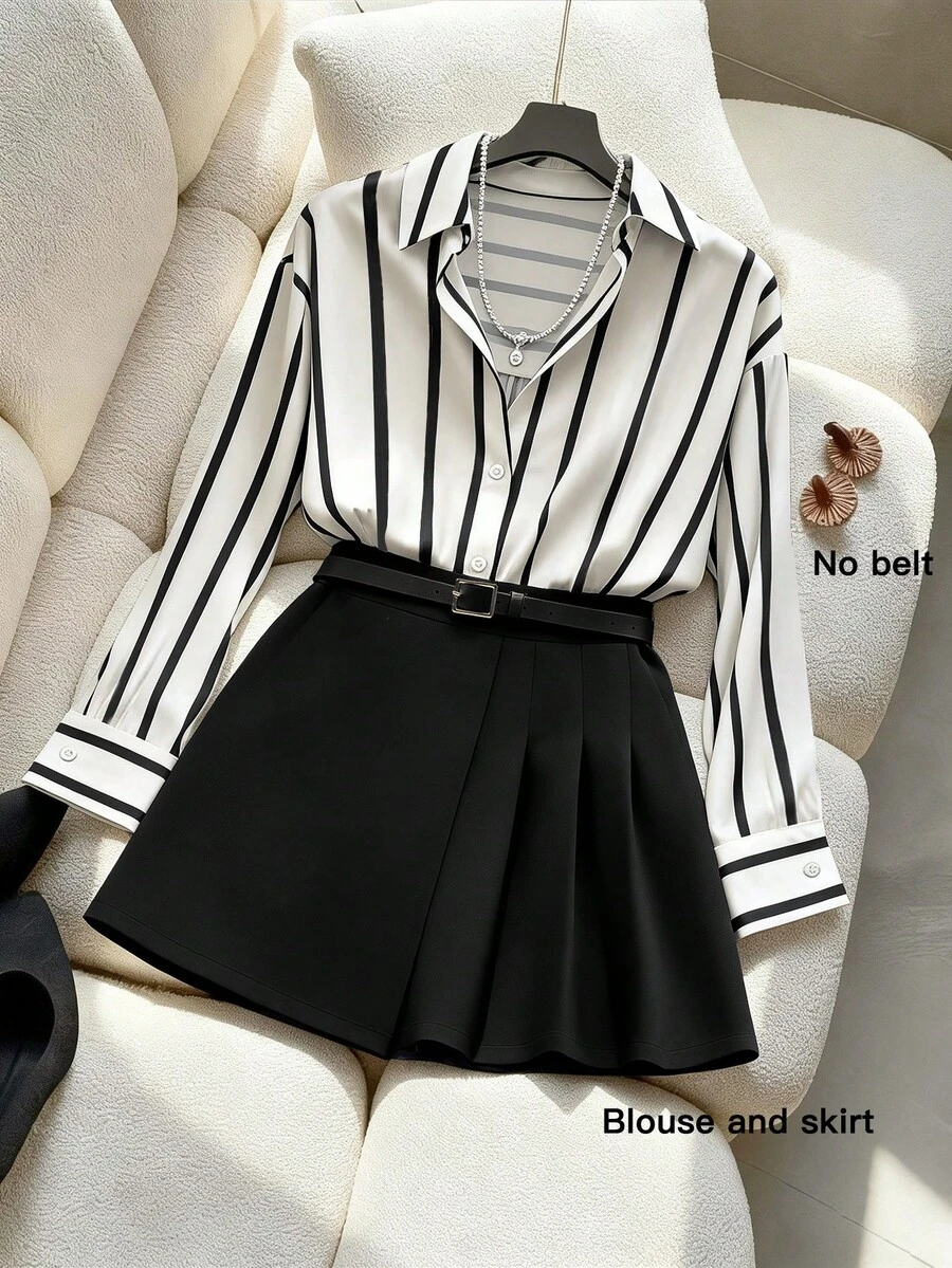 SHEIN Clasi Plus Size Casual Commuter Striped Shirt & Pleated Skirt Set - Black and White - View 1