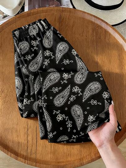 EMERY ROSE Plus Size Paisley Print Drawstring Waist Casual Pants