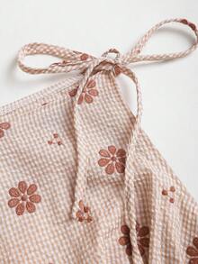 Sweetra Khaki Plaid Embroidered Sleeveless Bow Tie Strap Bohemian Style Summer Women Shirt - Coffee Brown - View 6