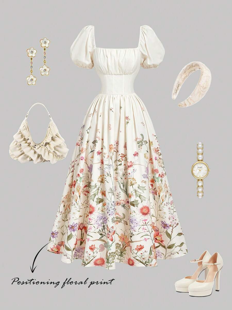 SHEIN MOD Women's Vintage Floral Print Bohemian Dress,Elegant Flowy Milkmaid Dresses For Summer Tea Party,Cream Court Style Garden Vacation Outfit - Apricot - View 1