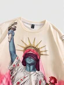 ROMWE MEN 男士休闲街头雕塑印花圆领短袖T恤，夏季 - 杏色 - 查看 3