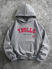SHEIN Trolls بلوفر هوديي بأكمام طويلة وجيب مطبوع بالحروف للرجال - رمادي - مشاهدة 1