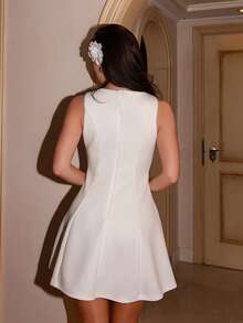 Bris Aura Women's Solid Color Date Night A-Line Sleeveless Waist Fitted Elegant Dress, Autumn,Summer Dresses For Women,Tea Party Dress,White Graduation Dress - White - View 2