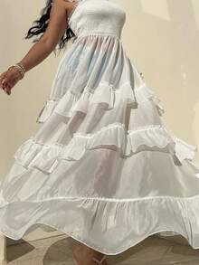 Sunnyshic Plus Size White Sheer Chiffon Beach Vacation Lightweight Long Dress With Flutter Sleeves, Summer Long Vacation Dress Tiered Dress Long Dress Summer Organza Dress Transparent Dress - White - View 5