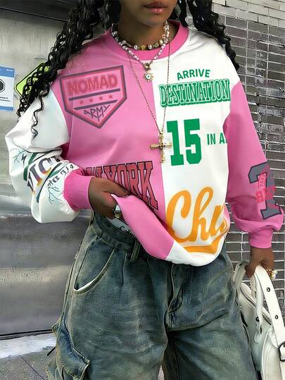 Rovax Color Block Letter Print Crew Neck Drop Shoulder Long Sleeve Sweatshirt