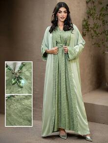 Layrah Comfortable Mint Green Hand-Stitched Beaded & Rhinestone Print Dress And Abaya Set - Green - View 5