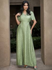 Layrah Comfortable Mint Green Hand-Stitched Beaded & Rhinestone Print Dress And Abaya Set - Green - View 8