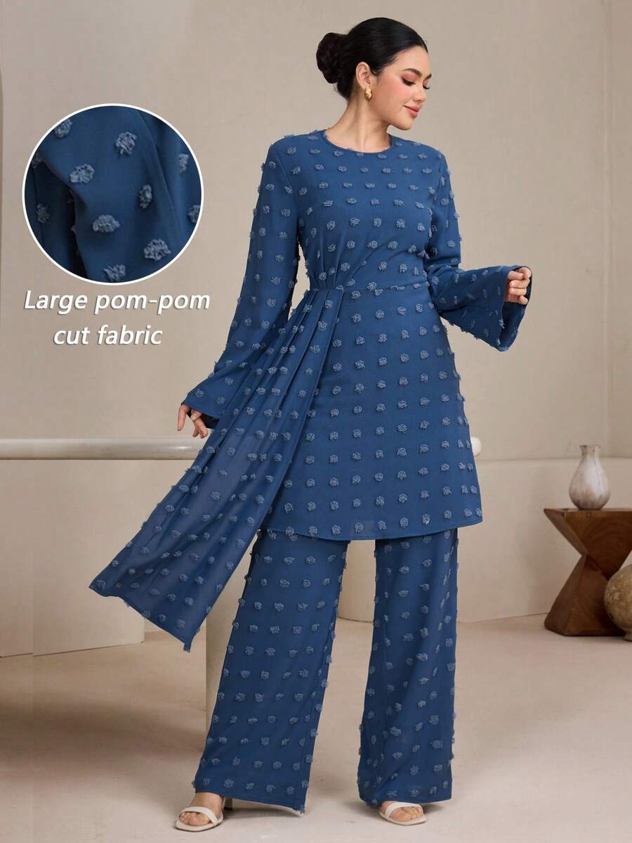 Graceveil 女士不对称下摆上衣和裤子套装，提花阿拉伯风格服装 - 霧霾藍 - 查看 1