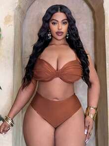 Slaydiva Plus Size Elegant Vacation Tie-Up Swimsuit Set - Brown - View 5