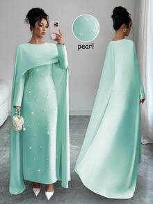 Elenzga Abito da donna lungo e aderente per feste, in maglia, con collo rotondo, maniche lunghe a palloncino, decorazione con perle in vita, elegante e versatile, adatto per l'autunno/inverno - Menta Verde - Visualizzare 5