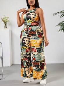 SHEIN PETITE CURVE 大尺碼女款小個子夏季2000年代奶油黃全印花短版背心與短褲兩件套，高腰休閒套裝 - 彩色 - 查看 4