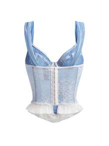 SuitURBody Light Blue Lace Embroidered Ruffle Trim Bralette, Vintage Sheer Wide Strap Corset Style Crop Top - Baby Blue - View 2