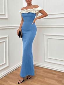EURMUSE Vestido ajustado con hombros descubiertos y volantes de dos tonos, vestido elegante - Azul - Ver 3