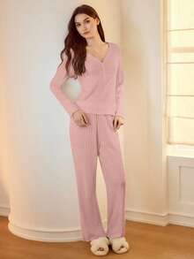 MOTF PREMIUM Conjunto de pijama con top de cuello en V de punto acanalado y pantalones con borde de lechuga - Rosa - Ver 4