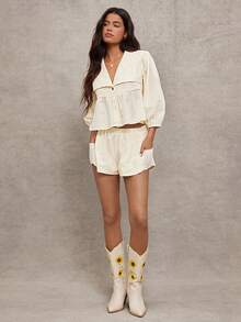 WESTFADE 100% Embroidered Striped Cotton Cape Collar Puff Sleeve Tiered Ruffle Babydoll Top - Apricot - View 4