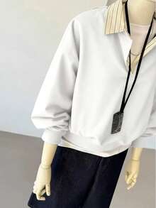 INAWLY 女士休闲落肩宽松条纹拼接卫衣，适合日常、工作、通勤、春秋季穿着。 - 白色 - 查看 4