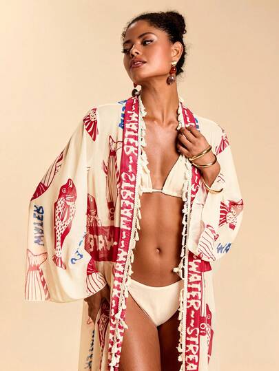 Travachic Women's Vacation Letter & Fish Print Tassel Trim Loose Kimono Cover Up