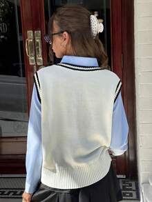 MainGRL Sleeveless Furry Knit Vest Top For Women, White,Autume / Winter,Preppy Outfits,New Year Top,Collage,Sweaters For Women - Black and White - View 2