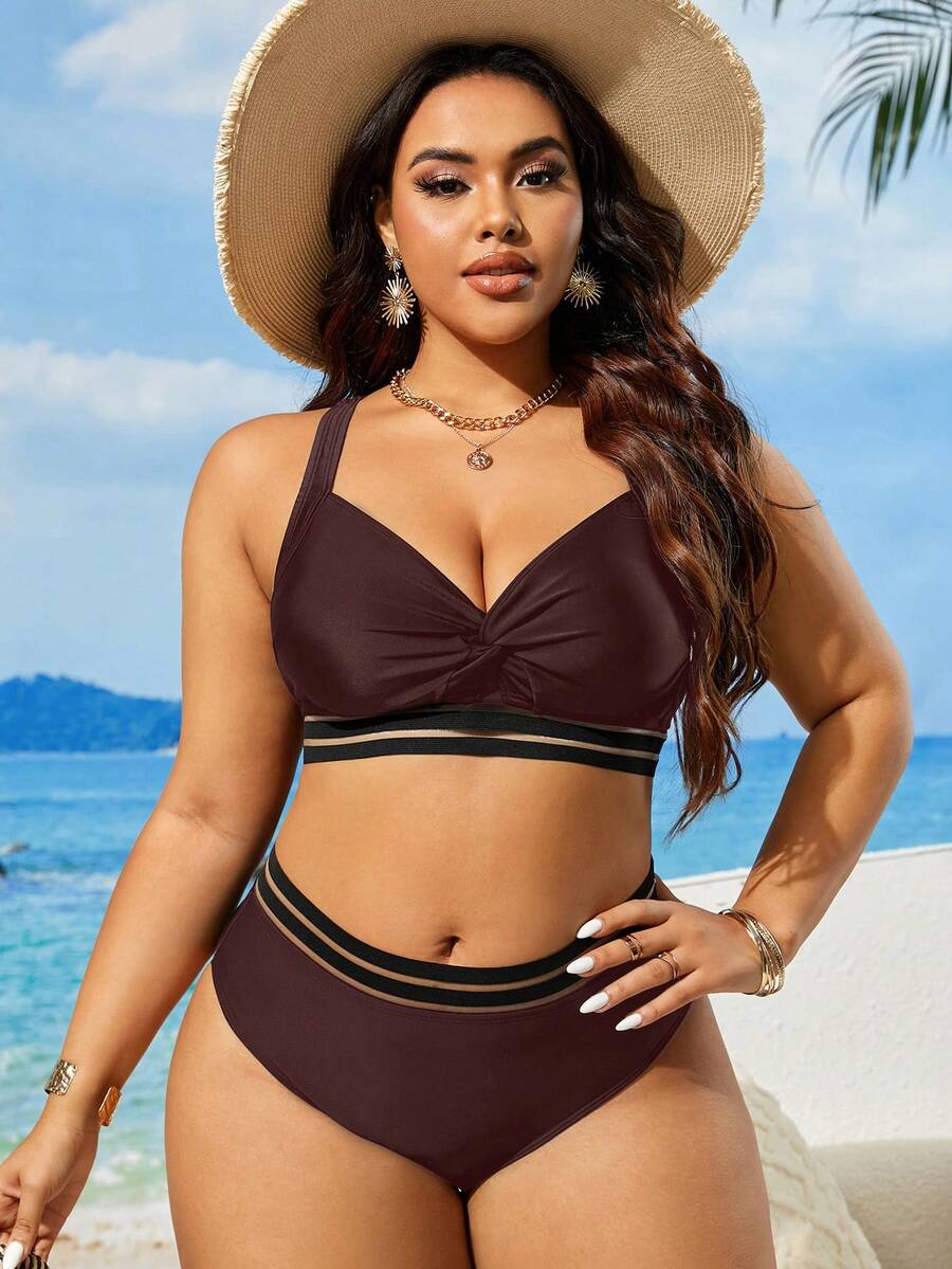Swim Lushoire Plus Size Women's Summer Beach Striped Mesh Sexy Bikini Swimsuit Set - Brown - View 1