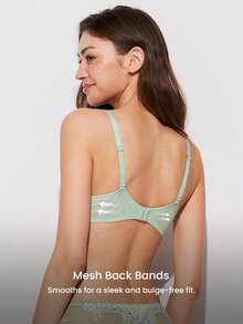 LUVLETTE Soft Woman LingerieBreathable Underwire Sexy Unlined Minimizer Green Floral Lace & Sheer Mesh Bra