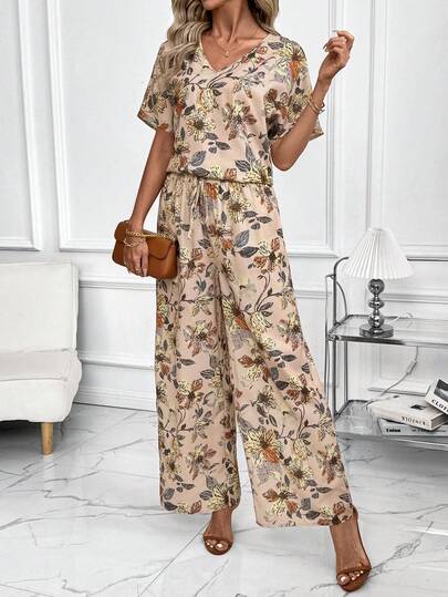 SHEIN Clasi Conjunto de 2 piezas de blusa elegante de cuello en V y pantalones de pierna ancha con estampado de hojas para mujer