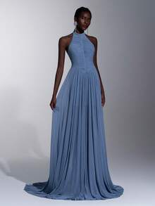 Elitara 极简褶皱无肩带A字裙摆连衣裙，拉链闭合，适合作为晚礼服、派对礼服，轻盈网纱连衣裙 - 藍色 - 查看 5