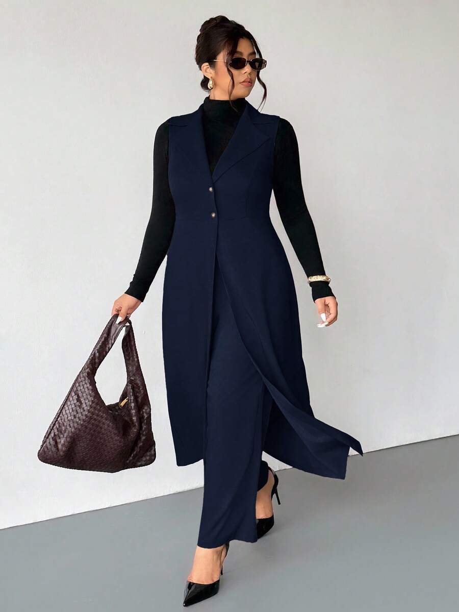 Firerie Plus Size Women Long Sleeveless Blazer Suit In Fall/Winter - Navy Blue - View 1